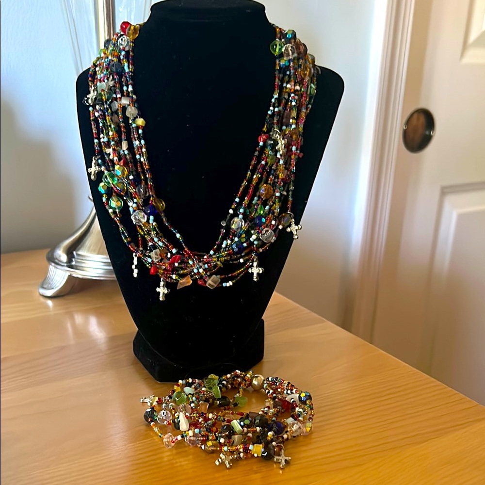 Colorful Multi-strand Jewelry Set with Crosses